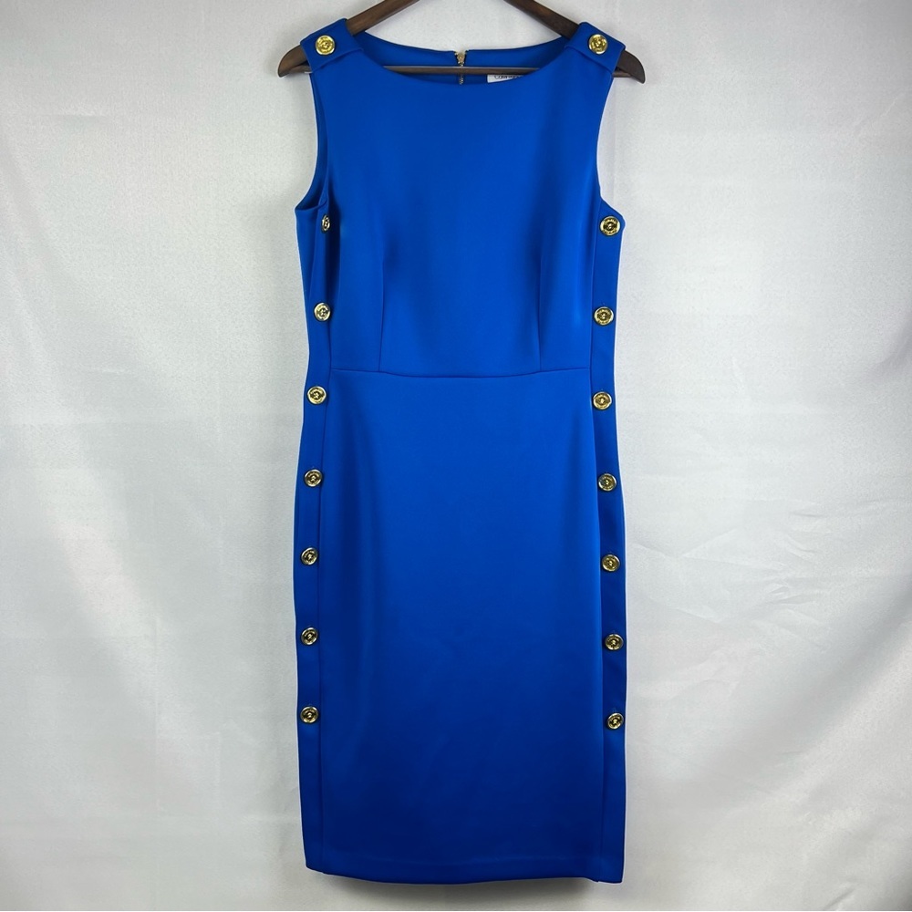 Calvin Klein Royal Blue Gold Buttons Sleeveless Midi Dress Office Size 10